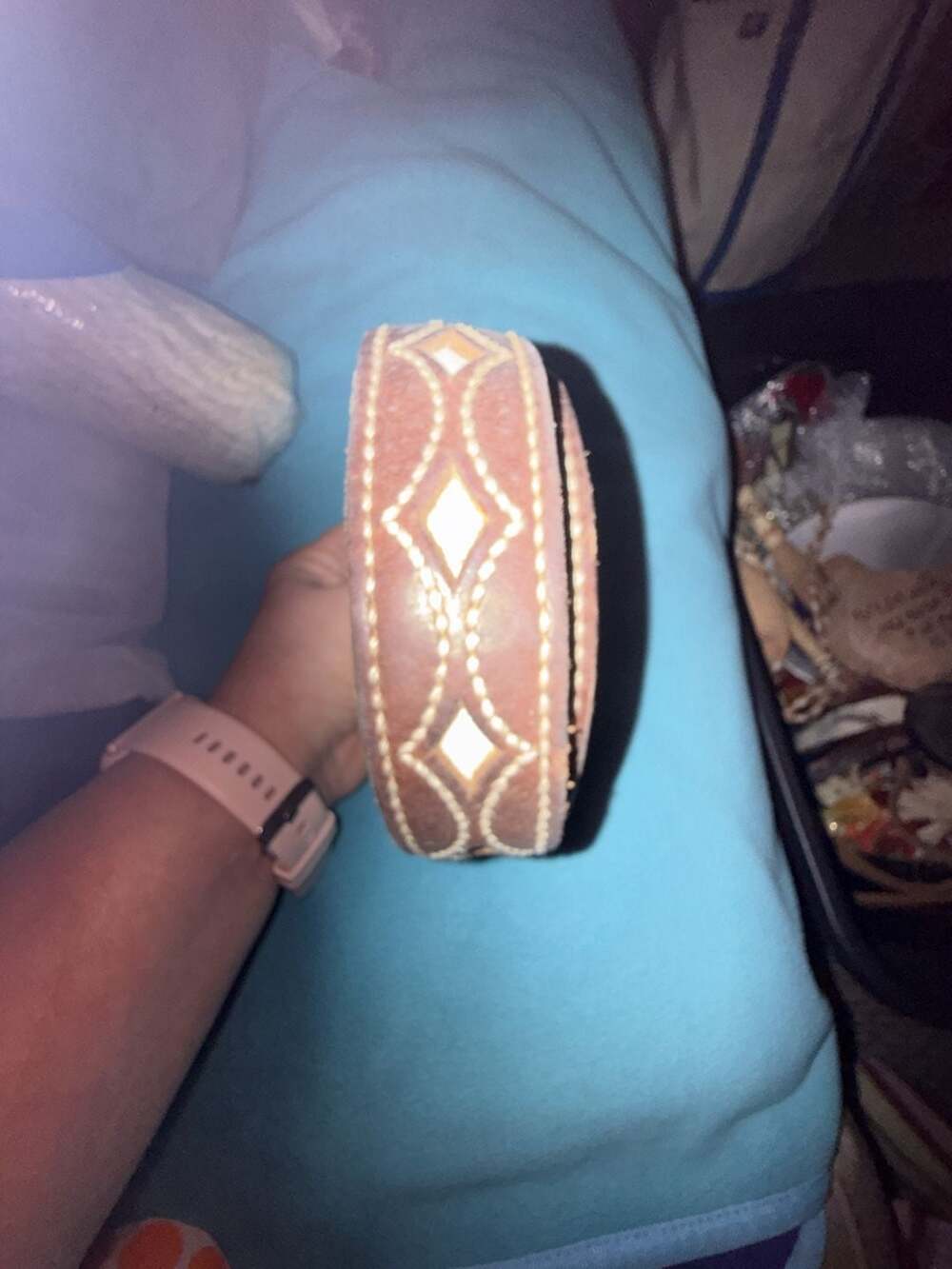 Vintage Western Brown Leather Belt with Diamond Stitching